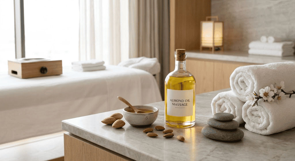 Gentle almond oil massage around the under-eye area