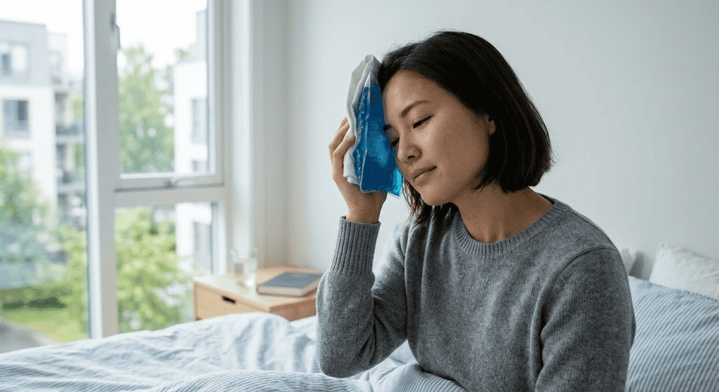 Cold compress under the eyes to reduce morning puffiness
