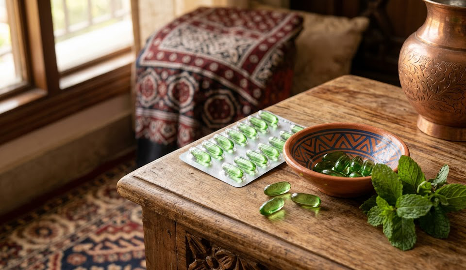 Enteric-coated peppermint oil capsules for bloating
